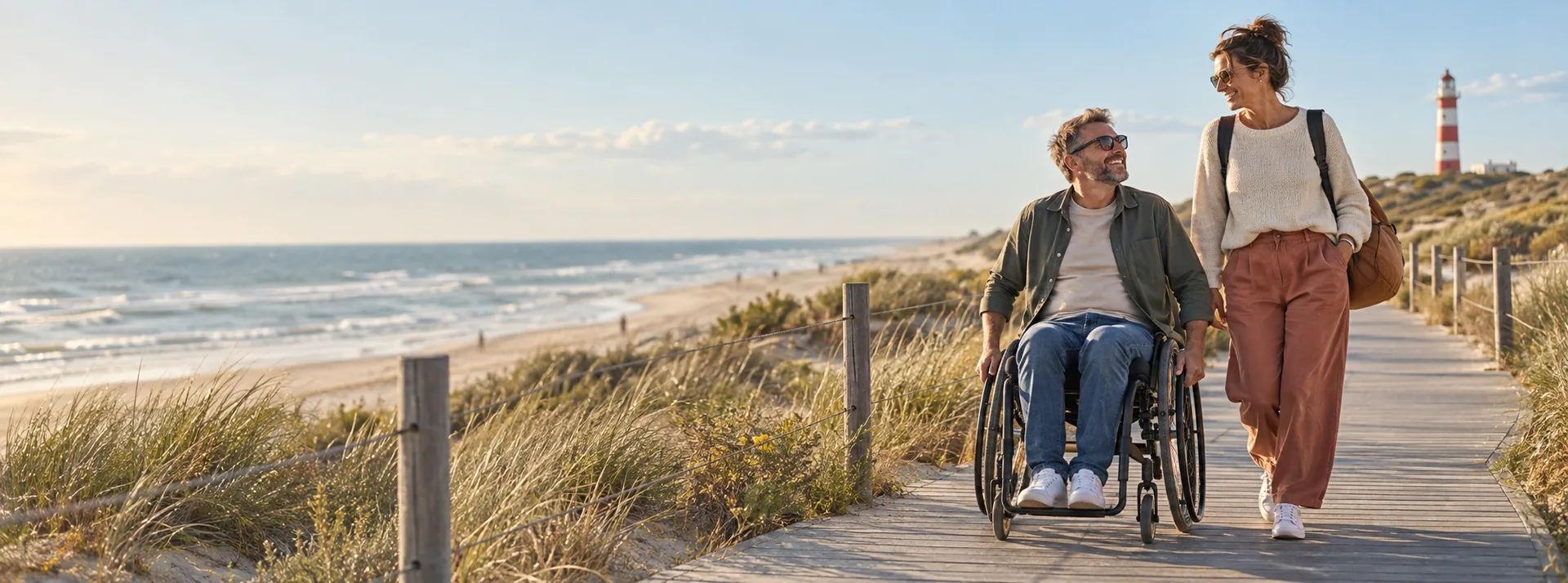 A man in a wheelchair and his travel companion walk together along a boardwalk by the sea