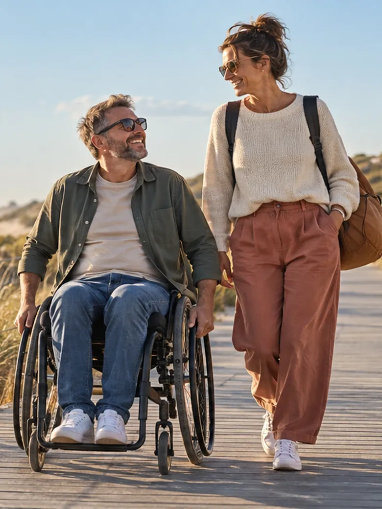 A man in a wheelchair and his travel companion walk together along a boardwalk by the sea